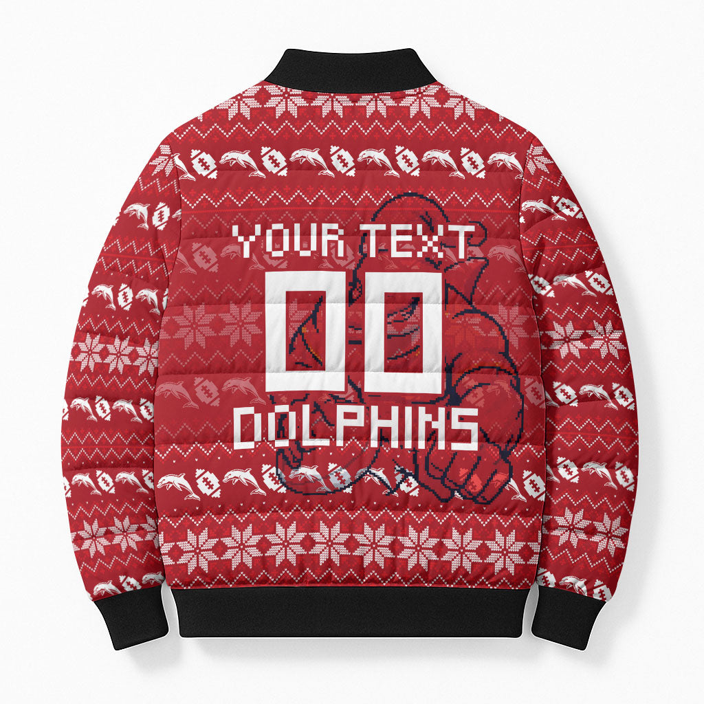 Personalized Dolphins Christmas Bomber Puffer Jacket Australian Rugby Fans - Pixelated Ugly Xmas Pattern Mascot Santa