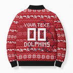 Personalized Dolphins Christmas Bomber Puffer Jacket Australian Rugby Fans - Pixelated Ugly Xmas Pattern Mascot Santa