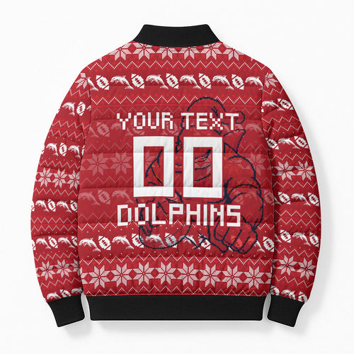 Personalized Dolphins Christmas Bomber Puffer Jacket Australian Rugby Fans - Pixelated Ugly Xmas Pattern Mascot Santa