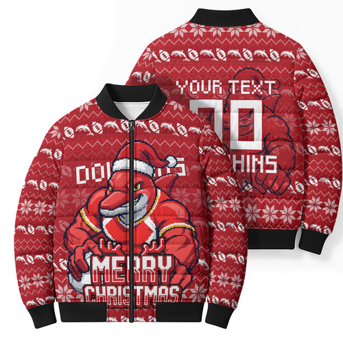 Personalized Dolphins Christmas Bomber Puffer Jacket Australian Rugby Fans - Pixelated Ugly Xmas Pattern Mascot Santa