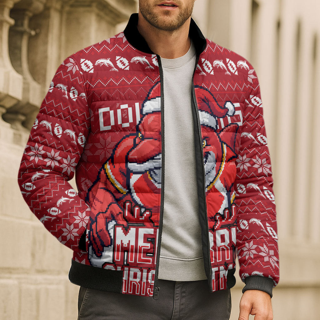 Personalized Dolphins Christmas Bomber Puffer Jacket Australian Rugby Fans - Pixelated Ugly Xmas Pattern Mascot Santa