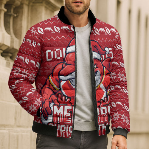 Personalized Dolphins Christmas Bomber Puffer Jacket Australian Rugby Fans - Pixelated Ugly Xmas Pattern Mascot Santa