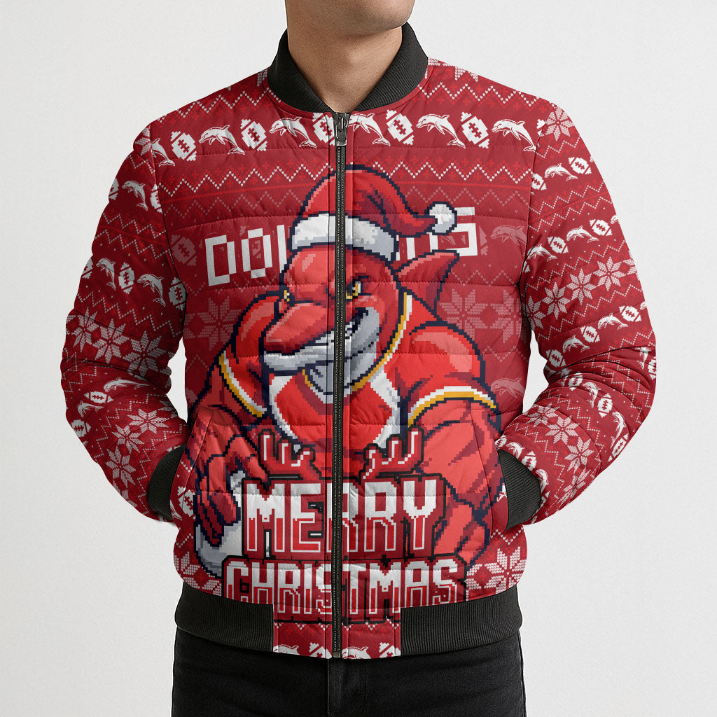 Personalized Dolphins Christmas Bomber Puffer Jacket Australian Rugby Fans - Pixelated Ugly Xmas Pattern Mascot Santa