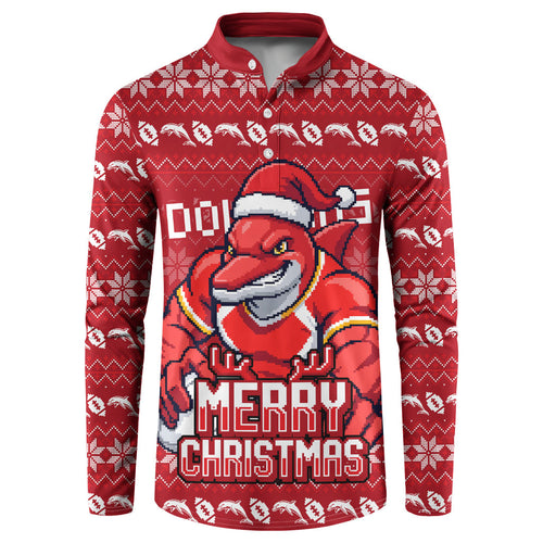 Personalized Dolphins Christmas Button Sweatshirt Australian Rugby Fans - Pixelated Ugly Xmas Pattern Mascot Santa