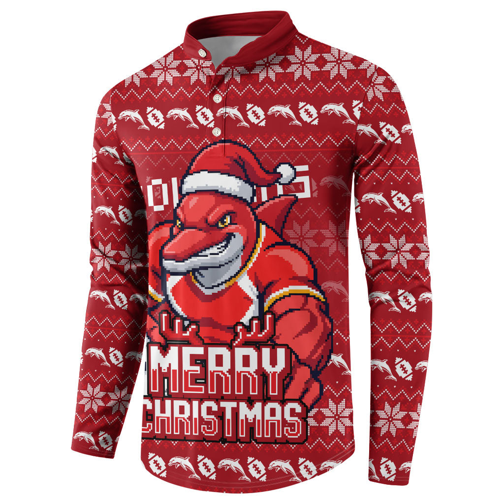 Personalized Dolphins Christmas Button Sweatshirt Australian Rugby Fans - Pixelated Ugly Xmas Pattern Mascot Santa
