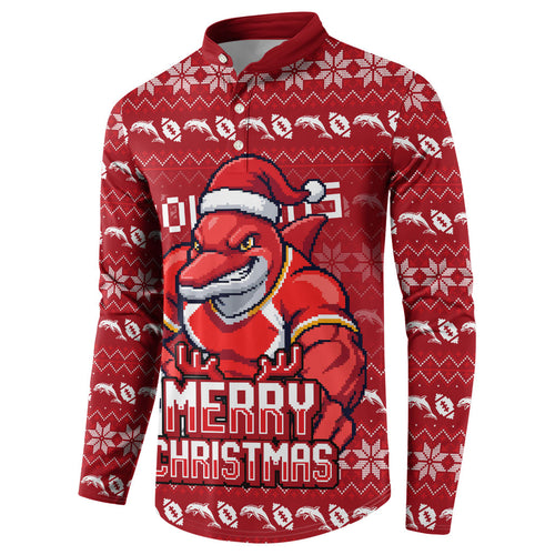 Personalized Dolphins Christmas Button Sweatshirt Australian Rugby Fans - Pixelated Ugly Xmas Pattern Mascot Santa