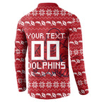Personalized Dolphins Christmas Button Sweatshirt Australian Rugby Fans - Pixelated Ugly Xmas Pattern Mascot Santa