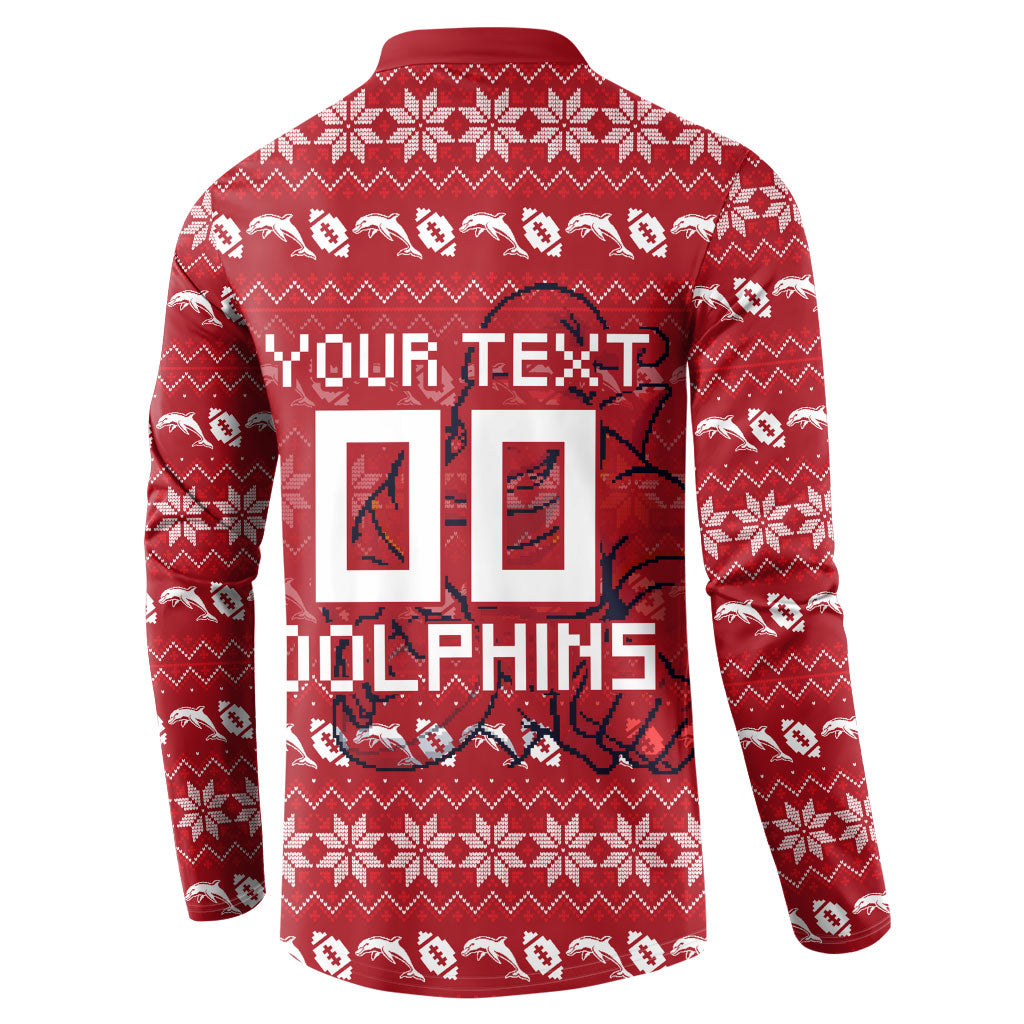 Personalized Dolphins Christmas Button Sweatshirt Australian Rugby Fans - Pixelated Ugly Xmas Pattern Mascot Santa