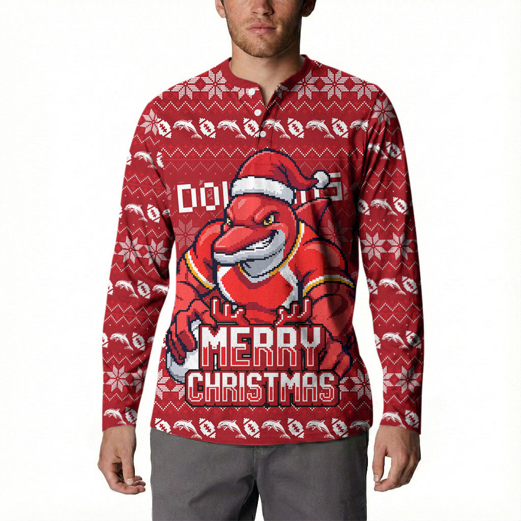 Personalized Dolphins Christmas Button Sweatshirt Australian Rugby Fans - Pixelated Ugly Xmas Pattern Mascot Santa