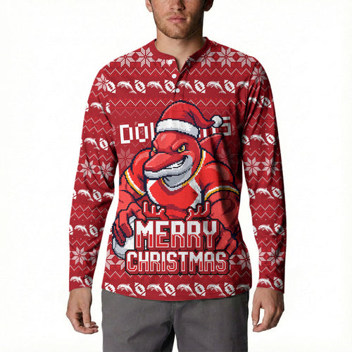 Personalized Dolphins Christmas Button Sweatshirt Australian Rugby Fans - Pixelated Ugly Xmas Pattern Mascot Santa