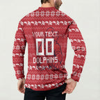 Personalized Dolphins Christmas Button Sweatshirt Australian Rugby Fans - Pixelated Ugly Xmas Pattern Mascot Santa