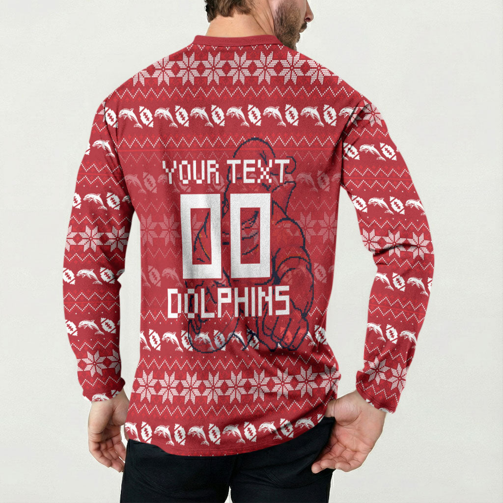 Personalized Dolphins Christmas Button Sweatshirt Australian Rugby Fans - Pixelated Ugly Xmas Pattern Mascot Santa