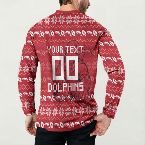 Personalized Dolphins Christmas Button Sweatshirt Australian Rugby Fans - Pixelated Ugly Xmas Pattern Mascot Santa