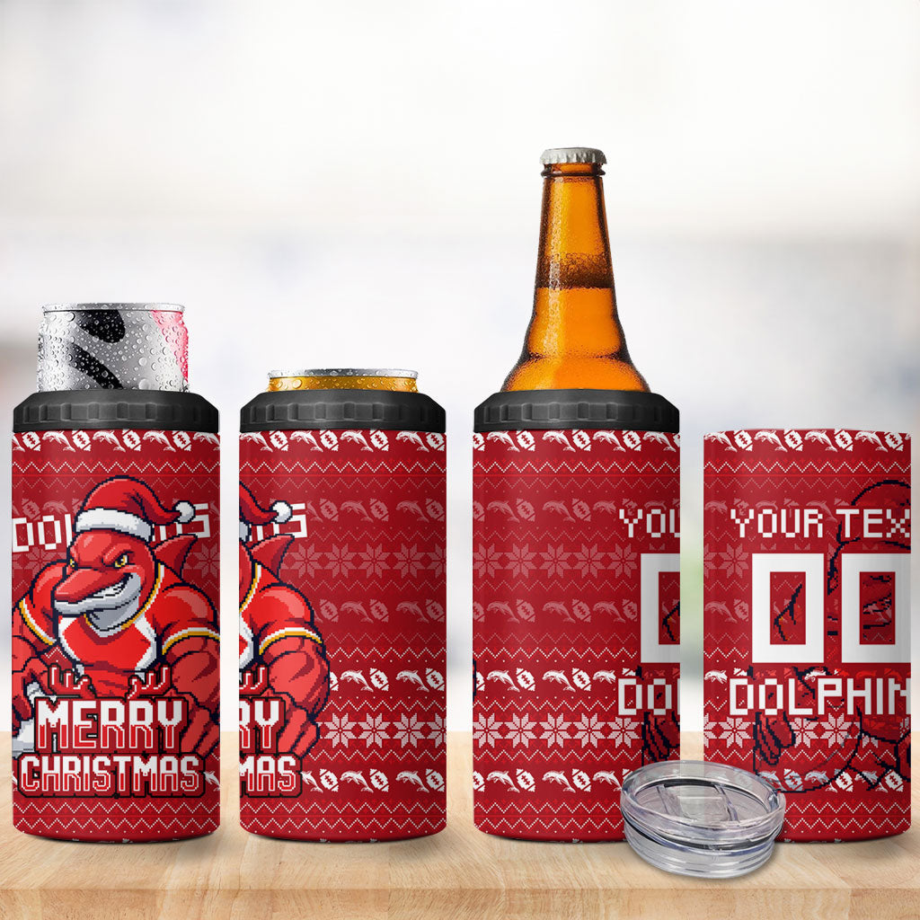 Personalized Dolphins Christmas 4 in 1 Can Cooler Tumbler Australian Rugby Fans - Pixelated Ugly Xmas Pattern Mascot Santa