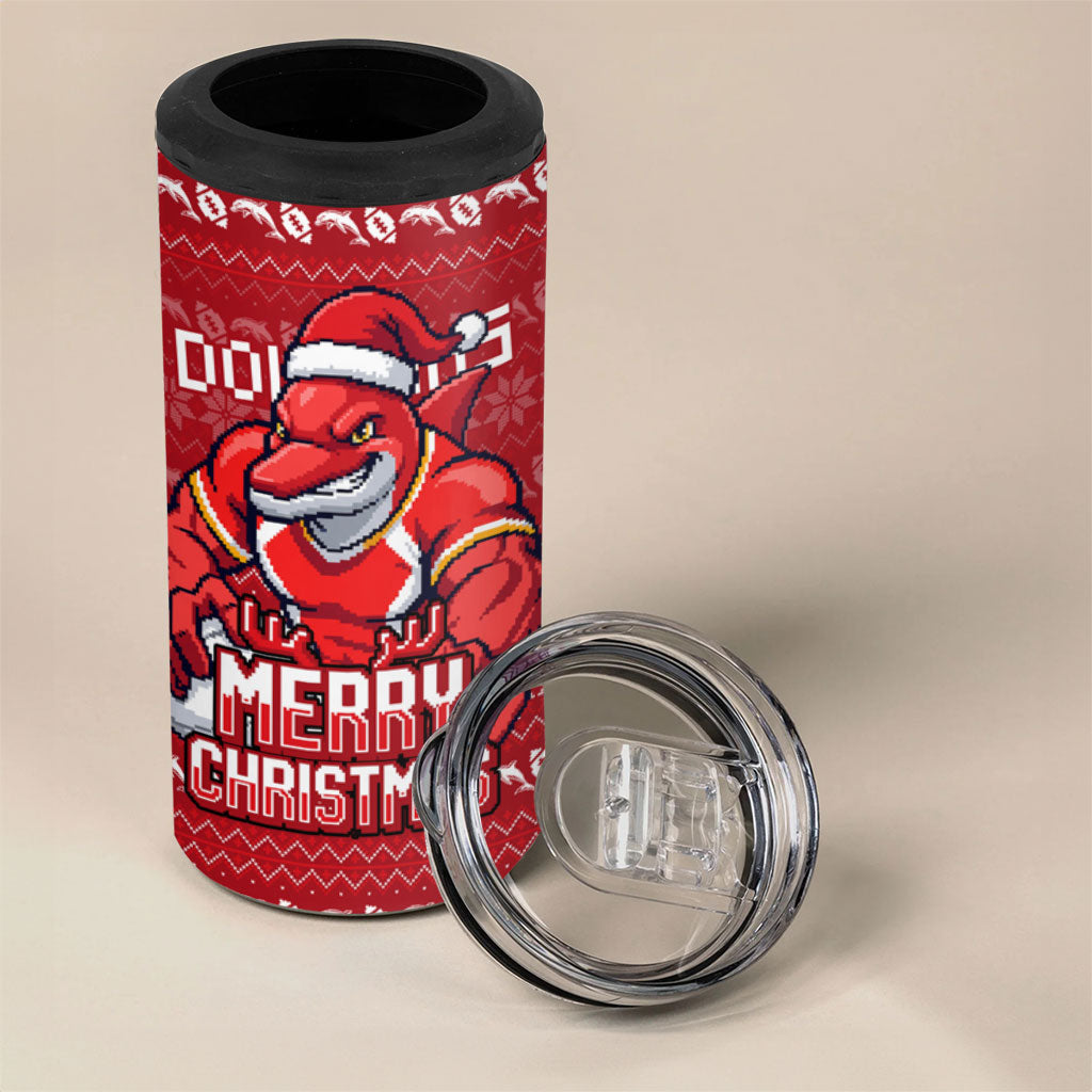 Personalized Dolphins Christmas 4 in 1 Can Cooler Tumbler Australian Rugby Fans - Pixelated Ugly Xmas Pattern Mascot Santa