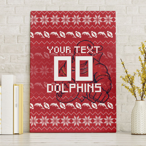Personalized Dolphins Christmas Canvas Wall Art Australian Rugby Fans - Pixelated Ugly Xmas Pattern Mascot Santa