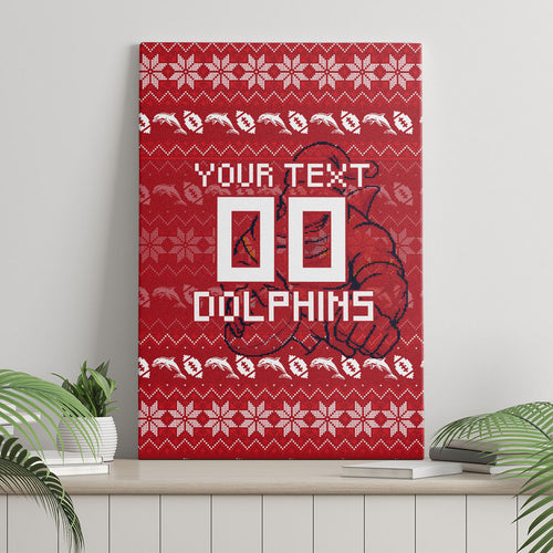 Personalized Dolphins Christmas Canvas Wall Art Australian Rugby Fans - Pixelated Ugly Xmas Pattern Mascot Santa