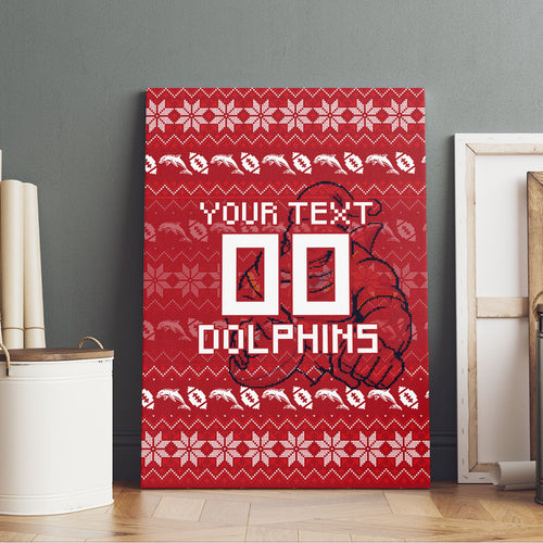 Personalized Dolphins Christmas Canvas Wall Art Australian Rugby Fans - Pixelated Ugly Xmas Pattern Mascot Santa