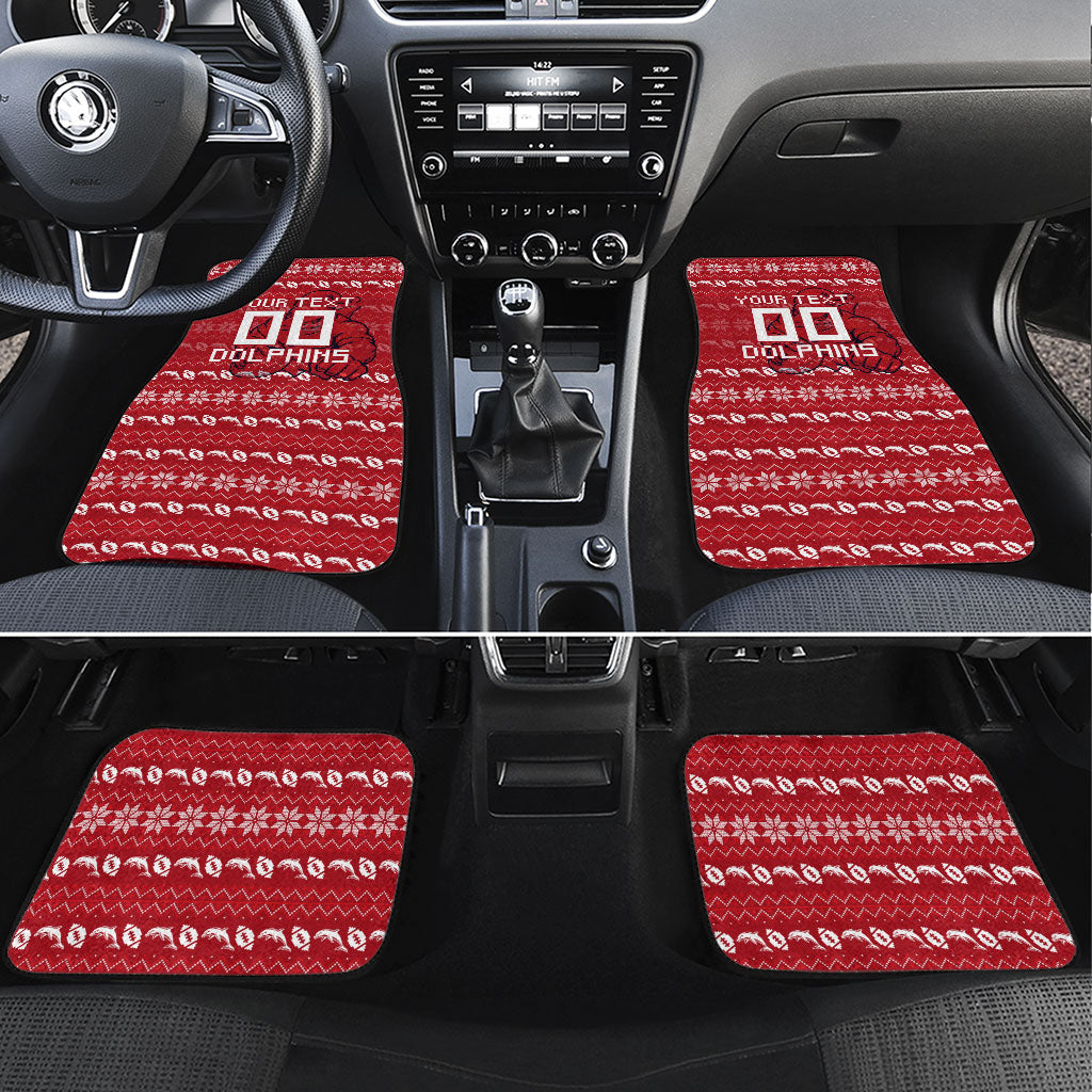 Personalized Dolphins Christmas Car Mats Australian Rugby Fans - Pixelated Ugly Xmas Pattern Mascot Santa