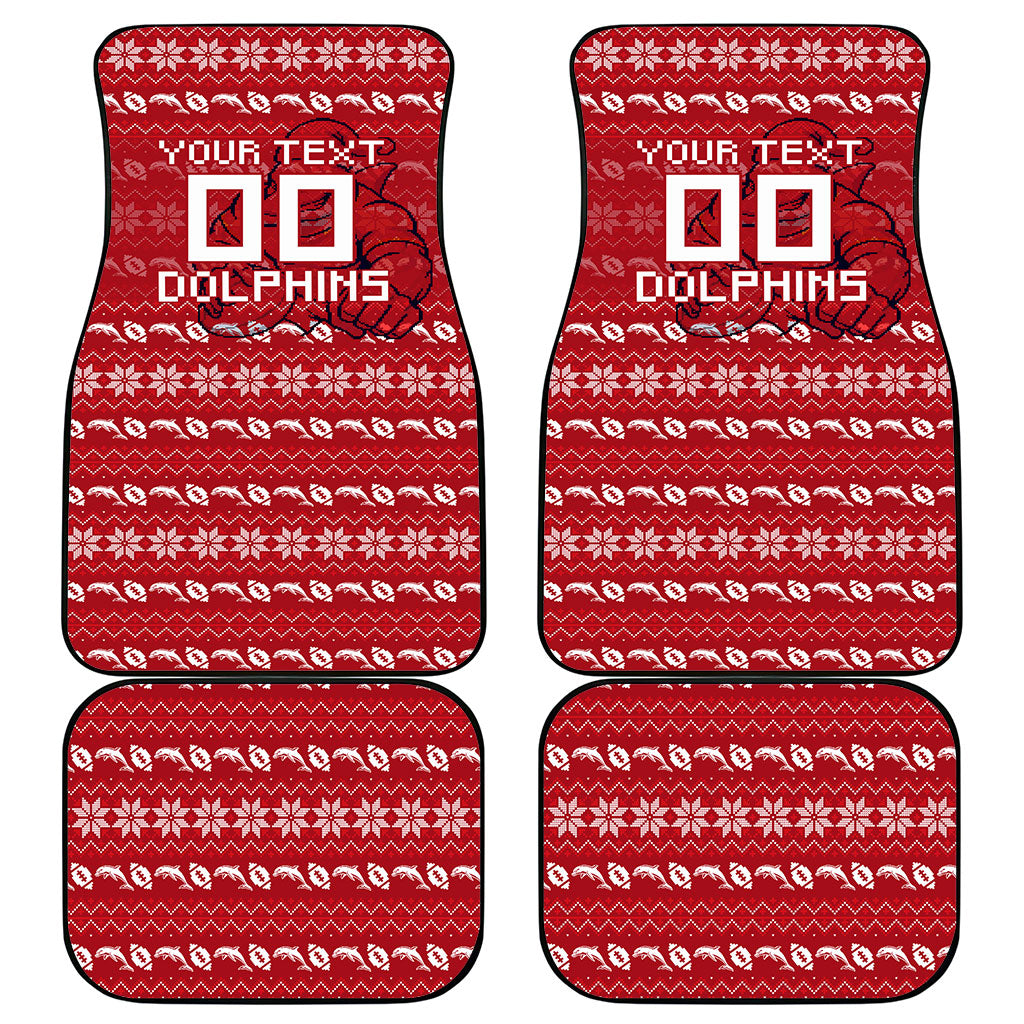 Personalized Dolphins Christmas Car Mats Australian Rugby Fans - Pixelated Ugly Xmas Pattern Mascot Santa