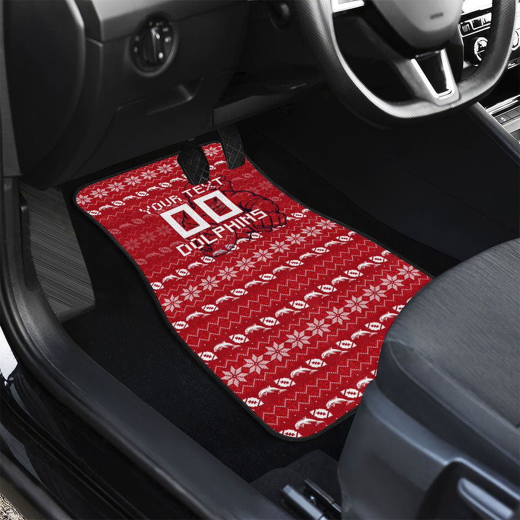 Personalized Dolphins Christmas Car Mats Australian Rugby Fans - Pixelated Ugly Xmas Pattern Mascot Santa