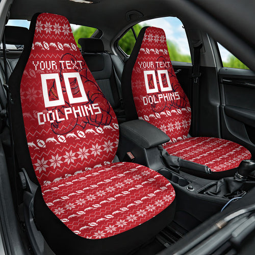 Personalized Dolphins Christmas Car Seat Cover Australian Rugby Fans - Pixelated Ugly Xmas Pattern Mascot Santa