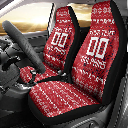 Personalized Dolphins Christmas Car Seat Cover Australian Rugby Fans - Pixelated Ugly Xmas Pattern Mascot Santa