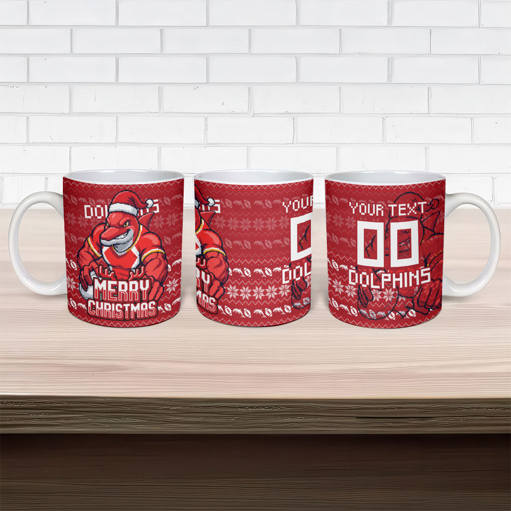 Personalized Dolphins Christmas Ceramic Mug Australian Rugby Fans - Pixelated Ugly Xmas Pattern Mascot Santa