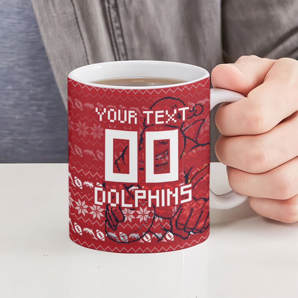 Personalized Dolphins Christmas Ceramic Mug Australian Rugby Fans - Pixelated Ugly Xmas Pattern Mascot Santa