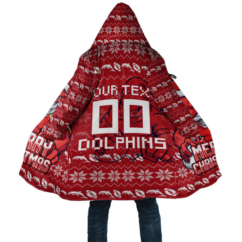 Personalized Dolphins Christmas Cloak Australian Rugby Fans - Pixelated Ugly Xmas Pattern Mascot Santa