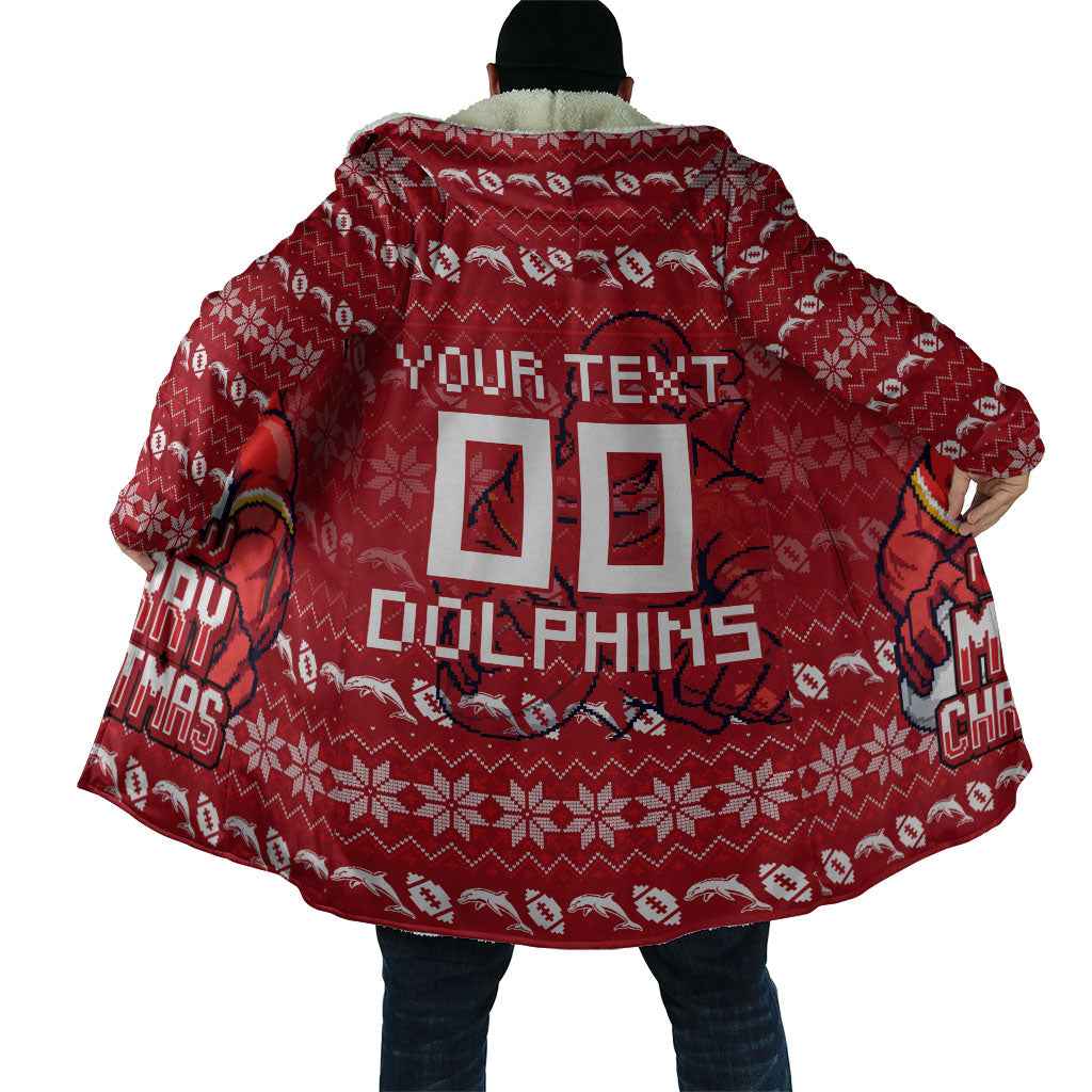 Personalized Dolphins Christmas Cloak Australian Rugby Fans - Pixelated Ugly Xmas Pattern Mascot Santa