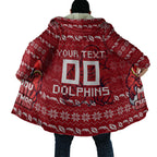 Personalized Dolphins Christmas Cloak Australian Rugby Fans - Pixelated Ugly Xmas Pattern Mascot Santa