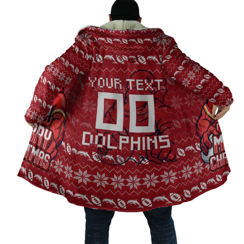 Personalized Dolphins Christmas Cloak Australian Rugby Fans - Pixelated Ugly Xmas Pattern Mascot Santa