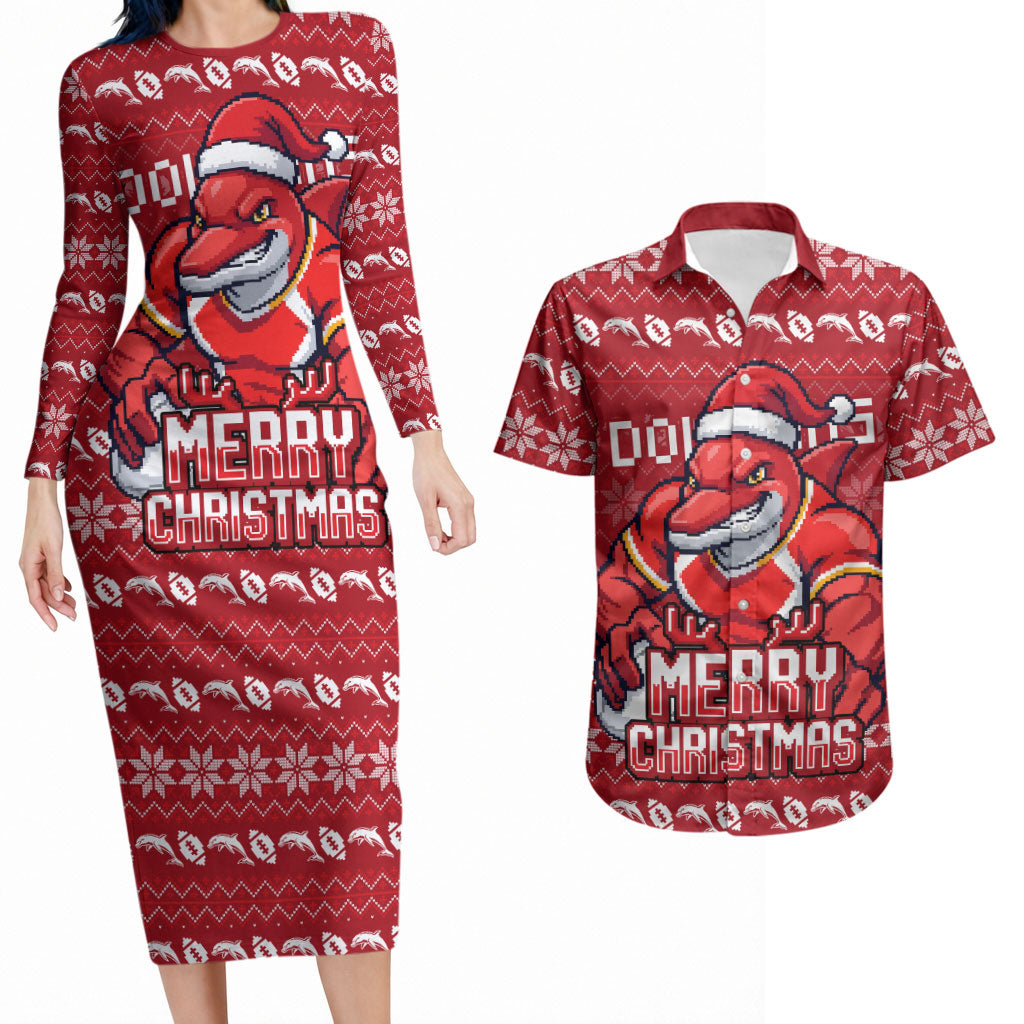 Personalized Dolphins Christmas Couples Matching Long Sleeve Bodycon Dress and Hawaiian Shirt Australian Rugby Fans - Pixelated Ugly Xmas Pattern Mascot Santa