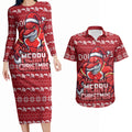 Personalized Dolphins Christmas Couples Matching Long Sleeve Bodycon Dress and Hawaiian Shirt Australian Rugby Fans - Pixelated Ugly Xmas Pattern Mascot Santa