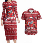 Personalized Dolphins Christmas Couples Matching Long Sleeve Bodycon Dress and Hawaiian Shirt Australian Rugby Fans - Pixelated Ugly Xmas Pattern Mascot Santa