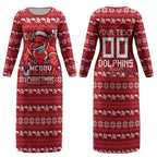 Personalized Dolphins Christmas Couples Matching Long Sleeve Bodycon Dress and Hawaiian Shirt Australian Rugby Fans - Pixelated Ugly Xmas Pattern Mascot Santa