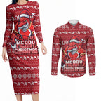 Personalized Dolphins Christmas Couples Matching Long Sleeve Bodycon Dress and Long Sleeve Button Shirt Australian Rugby Fans - Pixelated Ugly Xmas Pattern Mascot Santa