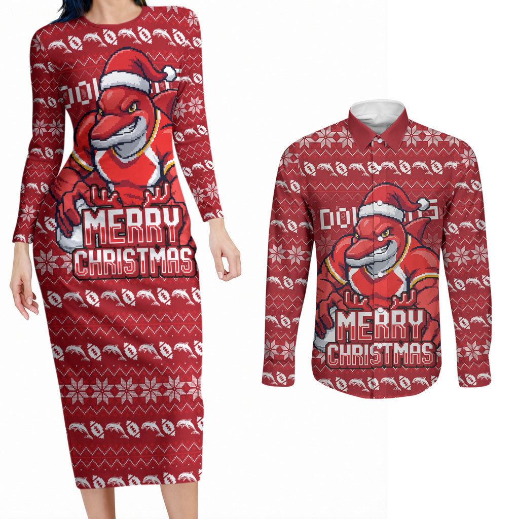 Personalized Dolphins Christmas Couples Matching Long Sleeve Bodycon Dress and Long Sleeve Button Shirt Australian Rugby Fans - Pixelated Ugly Xmas Pattern Mascot Santa