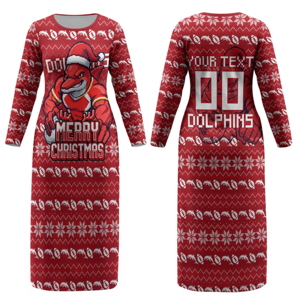 Personalized Dolphins Christmas Couples Matching Long Sleeve Bodycon Dress and Long Sleeve Button Shirt Australian Rugby Fans - Pixelated Ugly Xmas Pattern Mascot Santa