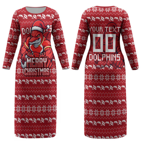 Personalized Dolphins Christmas Couples Matching Long Sleeve Bodycon Dress and Long Sleeve Button Shirt Australian Rugby Fans - Pixelated Ugly Xmas Pattern Mascot Santa