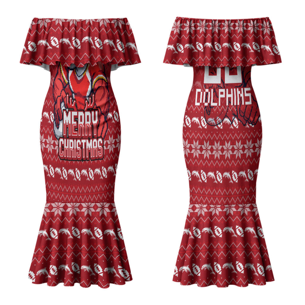 Personalized Dolphins Christmas Couples Matching Mermaid Dress and Hawaiian Shirt Australian Rugby Fans - Pixelated Ugly Xmas Pattern Mascot Santa