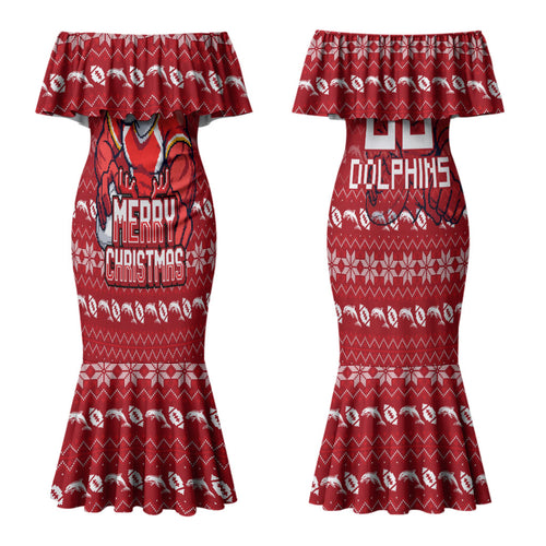 Personalized Dolphins Christmas Couples Matching Mermaid Dress and Hawaiian Shirt Australian Rugby Fans - Pixelated Ugly Xmas Pattern Mascot Santa
