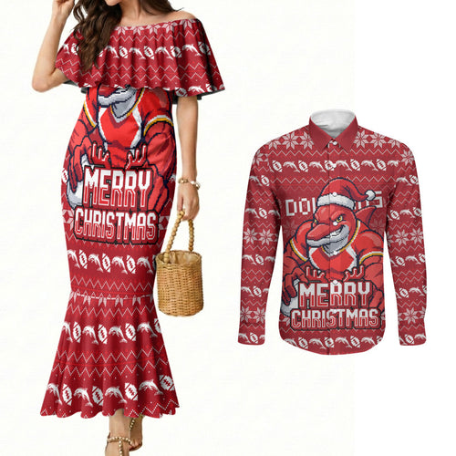 Personalized Dolphins Christmas Couples Matching Mermaid Dress and Long Sleeve Button Shirt Australian Rugby Fans - Pixelated Ugly Xmas Pattern Mascot Santa