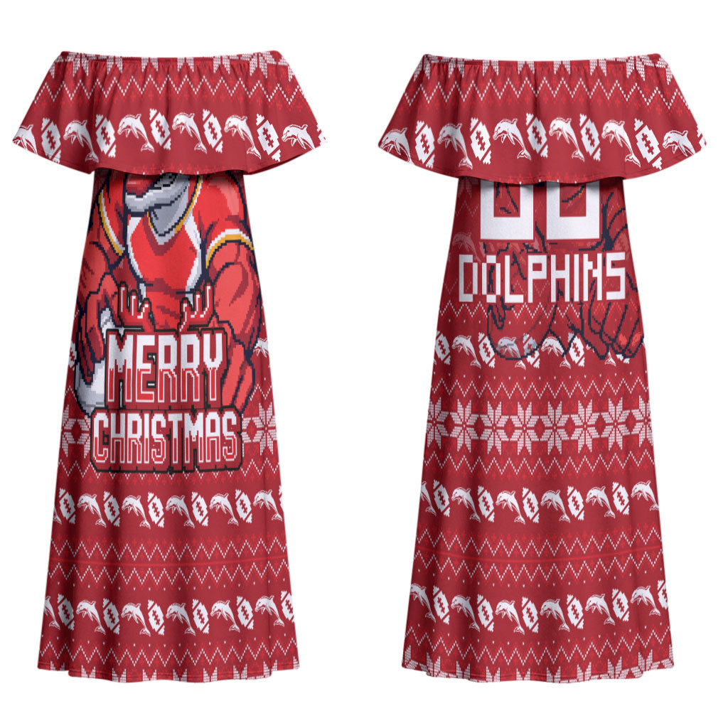 Personalized Dolphins Christmas Couples Matching Off Shoulder Maxi Dress and Hawaiian Shirt Australian Rugby Fans - Pixelated Ugly Xmas Pattern Mascot Santa