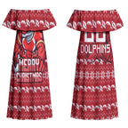 Personalized Dolphins Christmas Couples Matching Off Shoulder Maxi Dress and Hawaiian Shirt Australian Rugby Fans - Pixelated Ugly Xmas Pattern Mascot Santa
