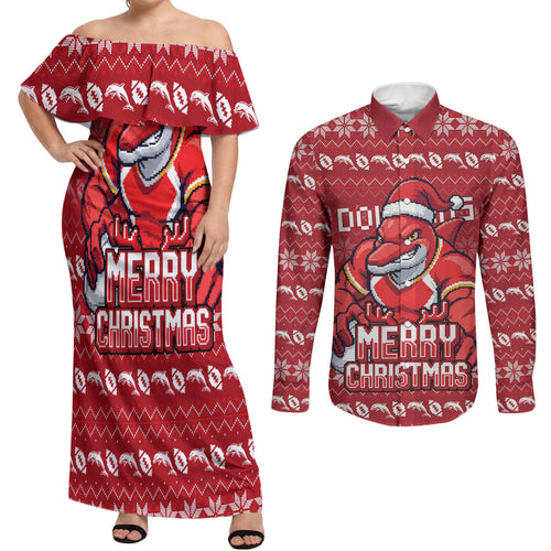 Personalized Dolphins Christmas Couples Matching Off Shoulder Maxi Dress and Long Sleeve Button Shirt Australian Rugby Fans - Pixelated Ugly Xmas Pattern Mascot Santa