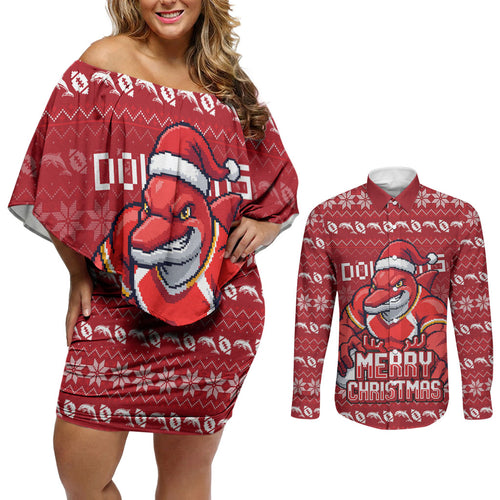 Personalized Dolphins Christmas Couples Matching Off Shoulder Short Dress and Long Sleeve Button Shirt Australian Rugby Fans - Pixelated Ugly Xmas Pattern Mascot Santa