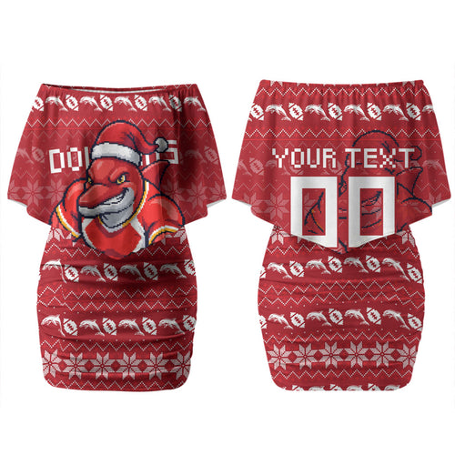 Personalized Dolphins Christmas Couples Matching Off Shoulder Short Dress and Long Sleeve Button Shirt Australian Rugby Fans - Pixelated Ugly Xmas Pattern Mascot Santa