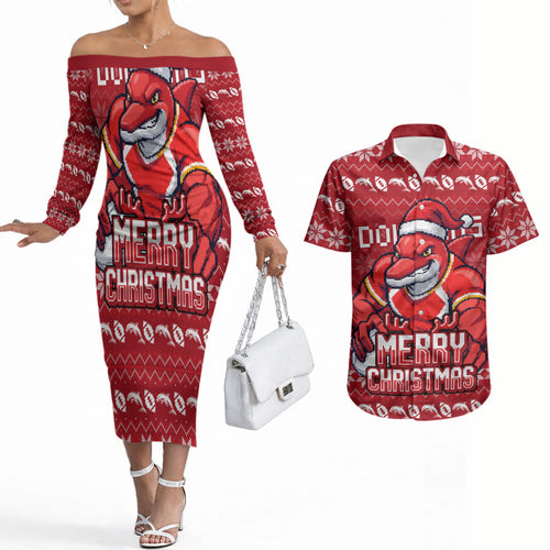 Personalized Dolphins Christmas Couples Matching Off The Shoulder Long Sleeve Dress and Hawaiian Shirt Australian Rugby Fans - Pixelated Ugly Xmas Pattern Mascot Santa
